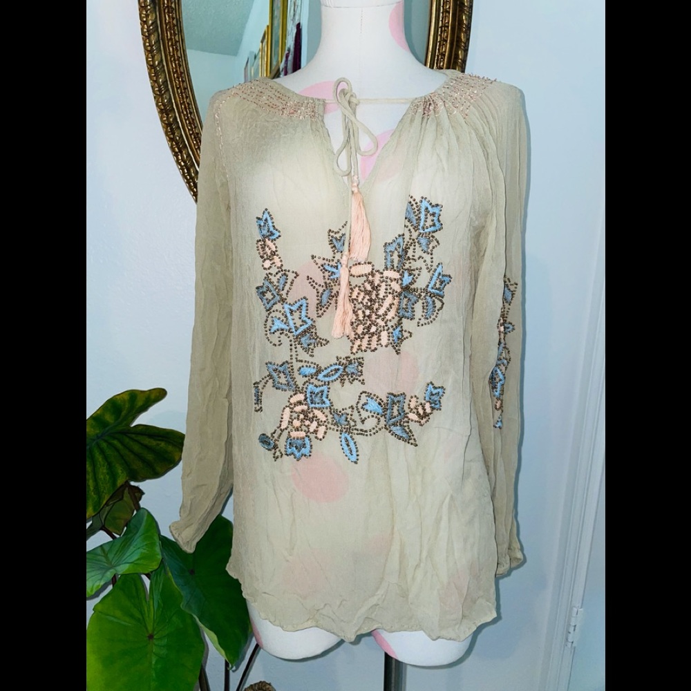 Miss June Cream Floral Beaded Sheer Top